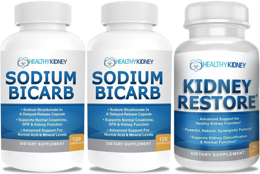Bicarbonat de sodiu 650 mg Capsule pentru Relief Acid, Alcalinitate 120 Pastile 2- Pachet + Rinichi Restaurare Rinichi Curățare și Rinichi Suplimentul de sănătate, 60 capace