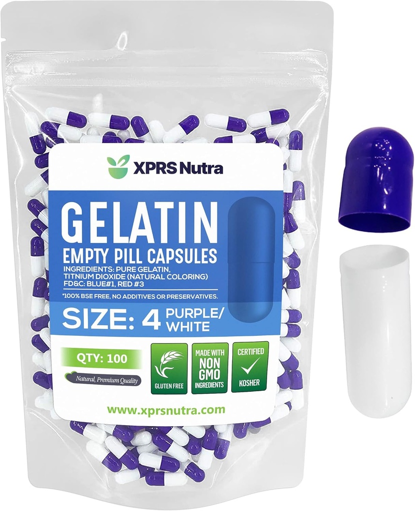 XPRS Nutra Size 4 Empty Capsules - 100 Count Small Empty Gelatin Capsules - Pills DIY Capsule Filling - Fillable Pure Bovine Pill Gel Caps for Do-It-Yourself Supplements (Purple/White)