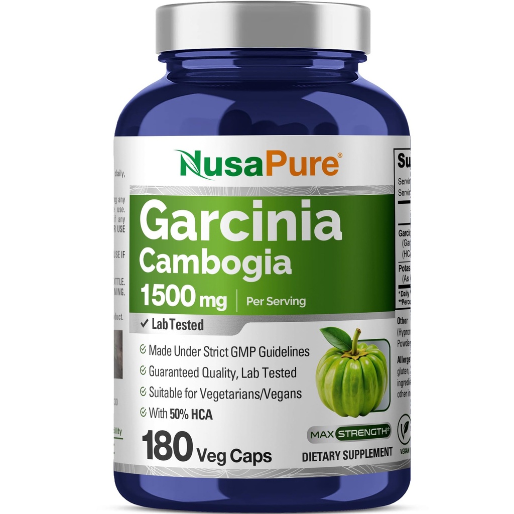 NusaPure Garcinia Cambogia 180 Veggie Capsule 1500mg (Vegetarian, Non-GMO, Vegan)