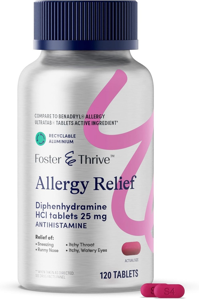 Foster & Thrive Difenhidramină 25mg Alergie Relief pentru alergii sezoniere, Itchy Watery Eyes, Stranezing, Runny Nose, Rapid-Acționând medicamente antihistaminice pentru copii și adulți
