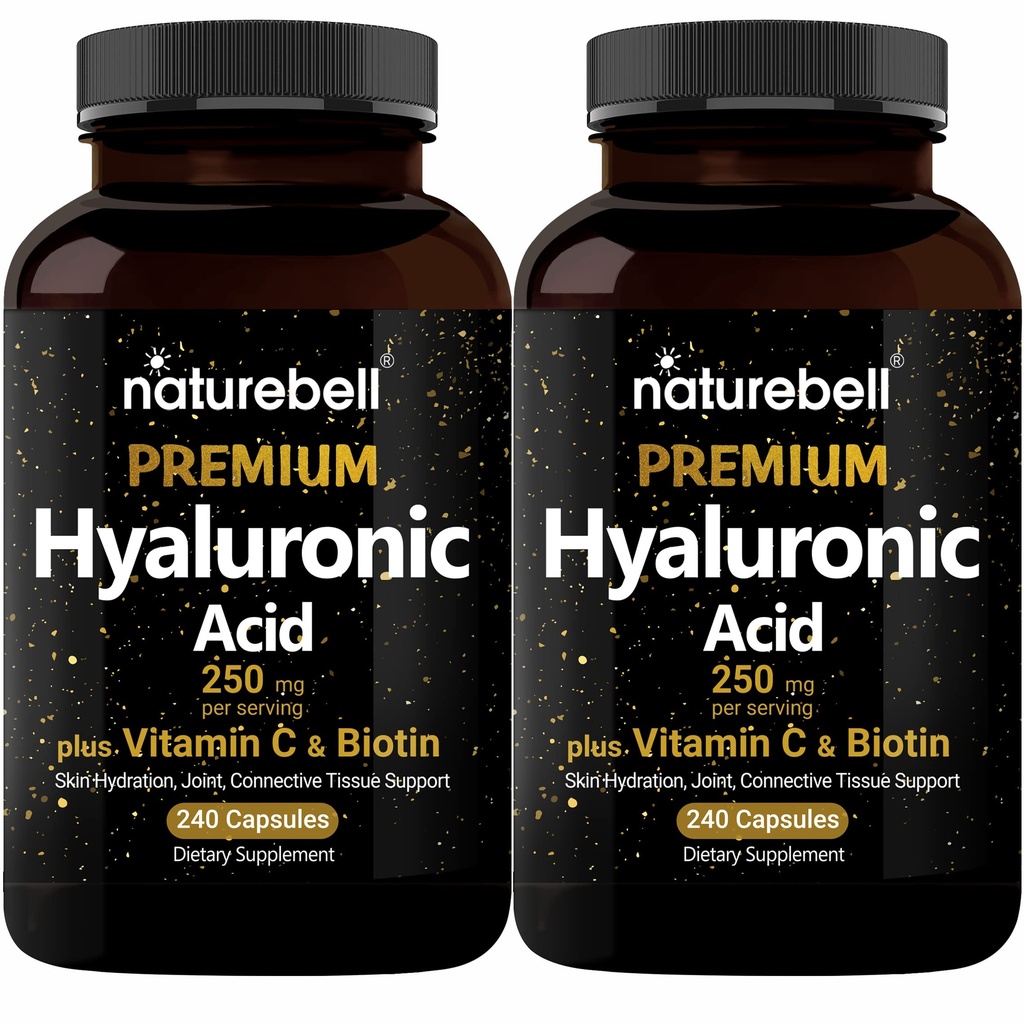 NatureBell 2 Pack Pe bază de plante de acid hialuronic Suplimente 250mg cu 25mg vitamina C & Biotin 5000mcg, 480 Capsule totale 