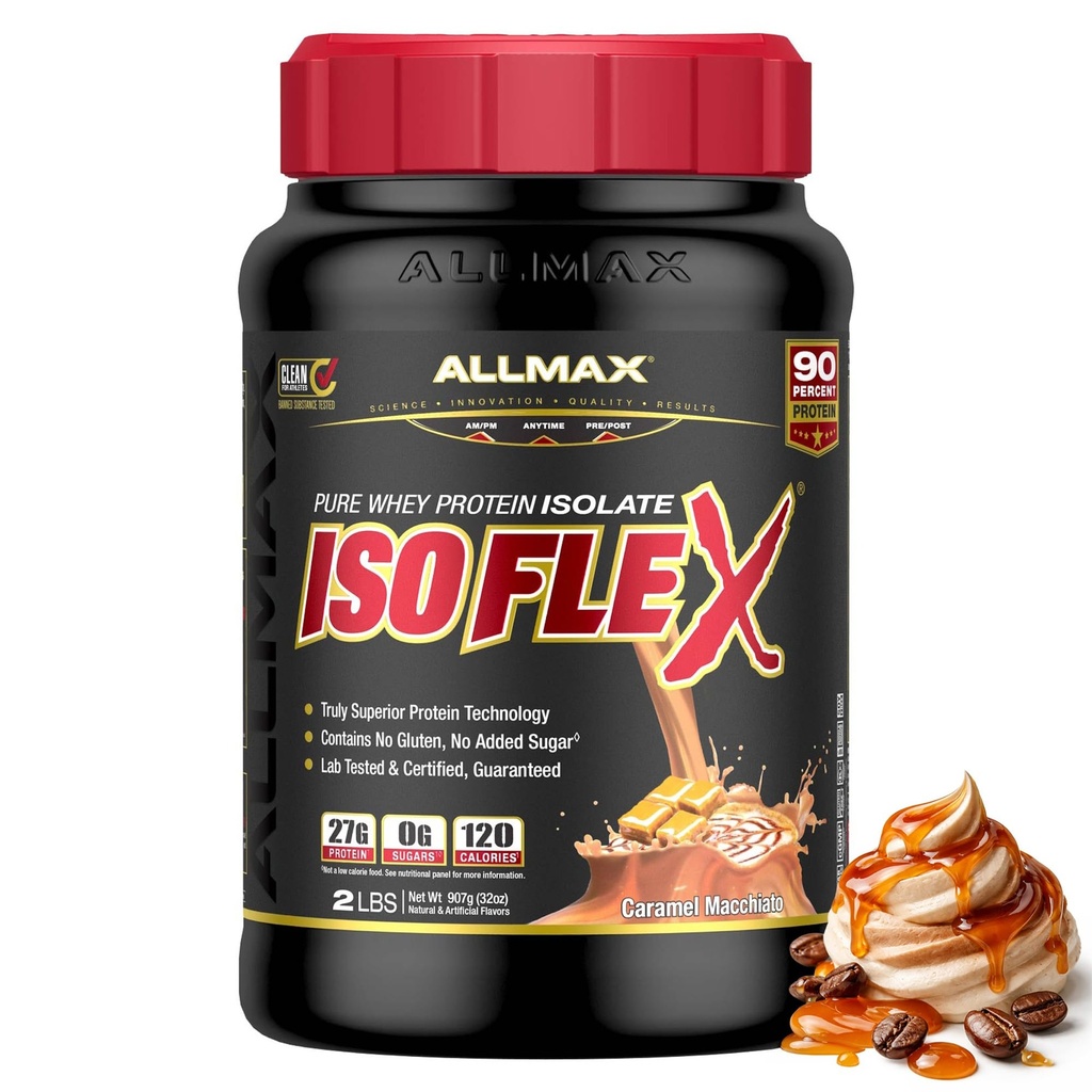 Allmax Nutrition ISOFLEX Izolat de proteine, Caramel Macchiato - 2 lb - 27 Grams de proteine per scoop - Zero Fat & Sugar - 99% Lactoză Free - Gluten Free & Soy Free - Aproximate 30 Serviri