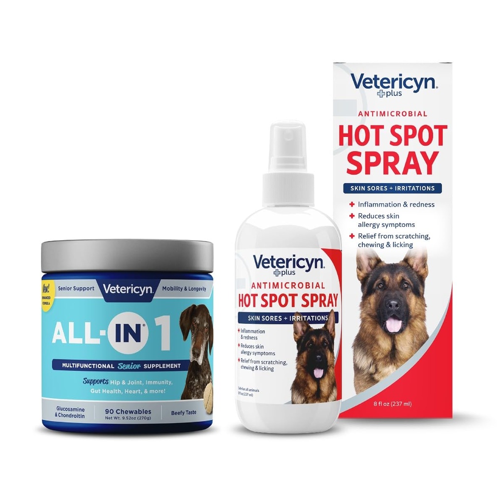 Vetericyn All-in 1 Multifunctional Senior Dog Supliment cu Glucosamină și Vetericyn Plus Spray la fața locului fierbinte