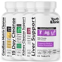 Youth & Tonic 4X Body Detoxifiere şi curăţare pentru femei şi bărbaţi cu suport hepatic, rinichi şi Colon Cleanse şi CandEase Matrix. 180 de pastile