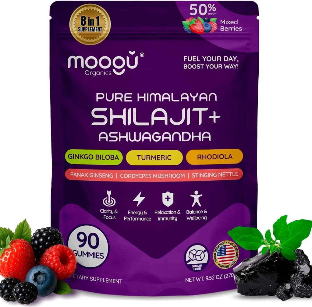18,000 mg Pure Himalayan Shilajit (90 Gummies) Ashwagandha, 75% Acid fuzilic & 85 + Urme Minerale I Men, Femei I Panax Ginseng, Rhodiola, Turmeric, Gingko Biloba, Cordyceps, Stinging Nettle.