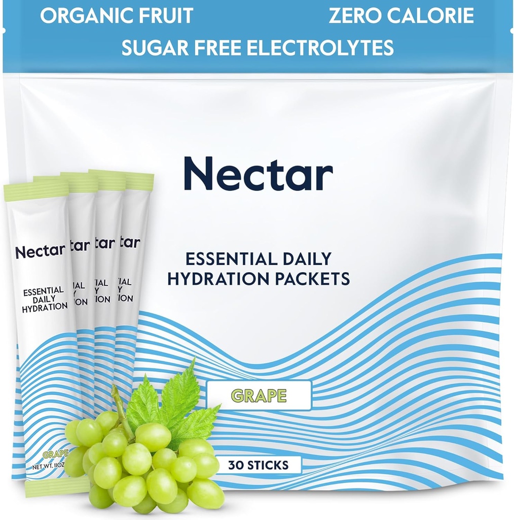Pachete pentru hidratarea nectarului - Pachete pentru praf de electroliză - fără zahăr & 0 Calorie - Lichid lichid organic de fructe Daily IV Electroliti pulbere pentru rehidratare & rehidratare rapidă (Grapă 30 Pack)
