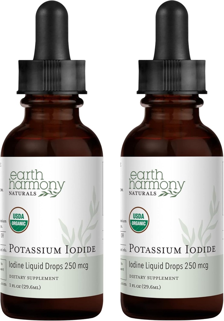 USDA Iod organic de potasiu 250 mcg Supliment lichid 2-Pachet (1 an de aprovizionare) - Suportă Glanda tiroidiană și ajută la expunerea & niveluri scăzute de iod - mai Biodisponibil decât tablete, pastile - 1 Fl Oz