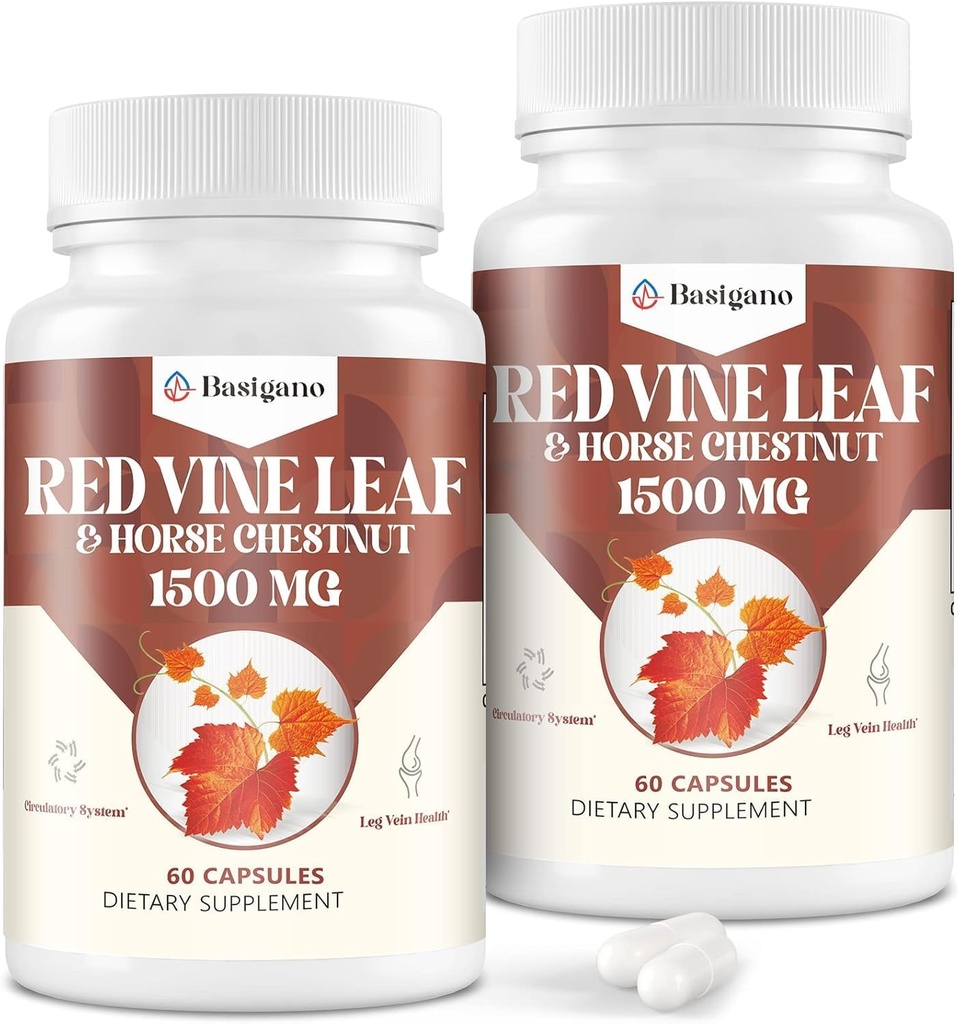 Red Vine Leaf & Horse Chestnut Extract Capsule Supplements (Vitis Vinifera) 1500mg -Premium Extract for Healthy Veins, Circulation, Heart, Skin (2 Pack)