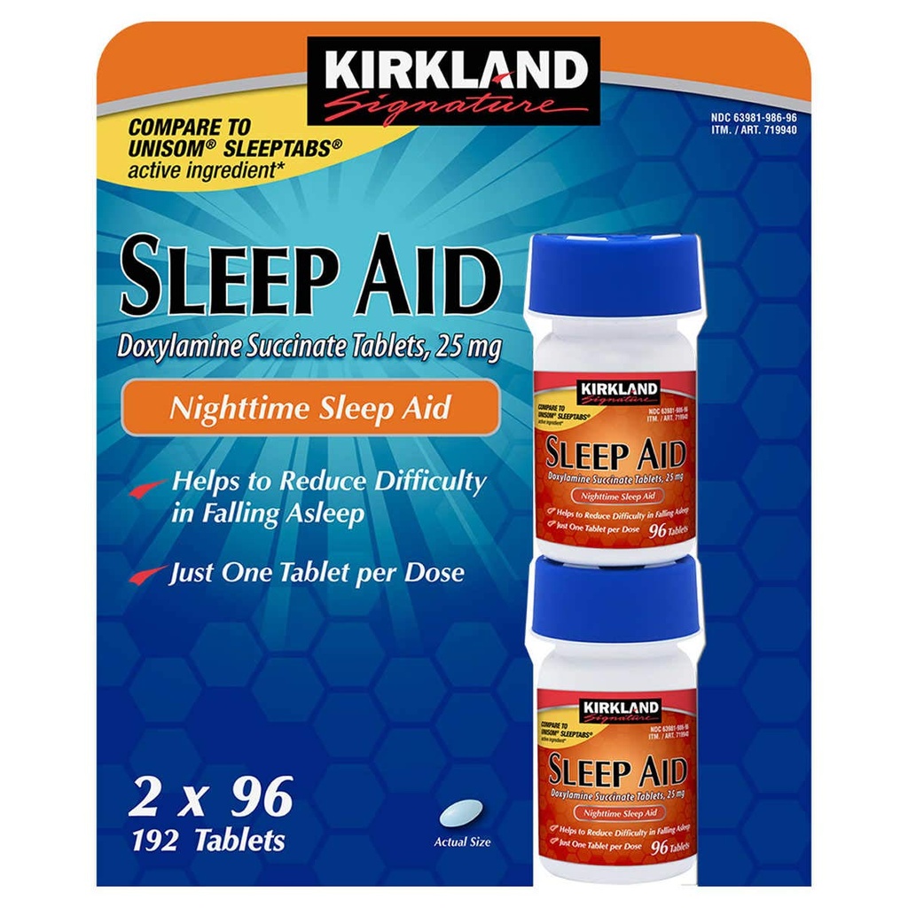 Cos7 Kirkland Signature Doxilamine Succinate Tablets ,25mg Nighttime Sleep AID - 2 X 96 Tablets (192 Tablets Total)