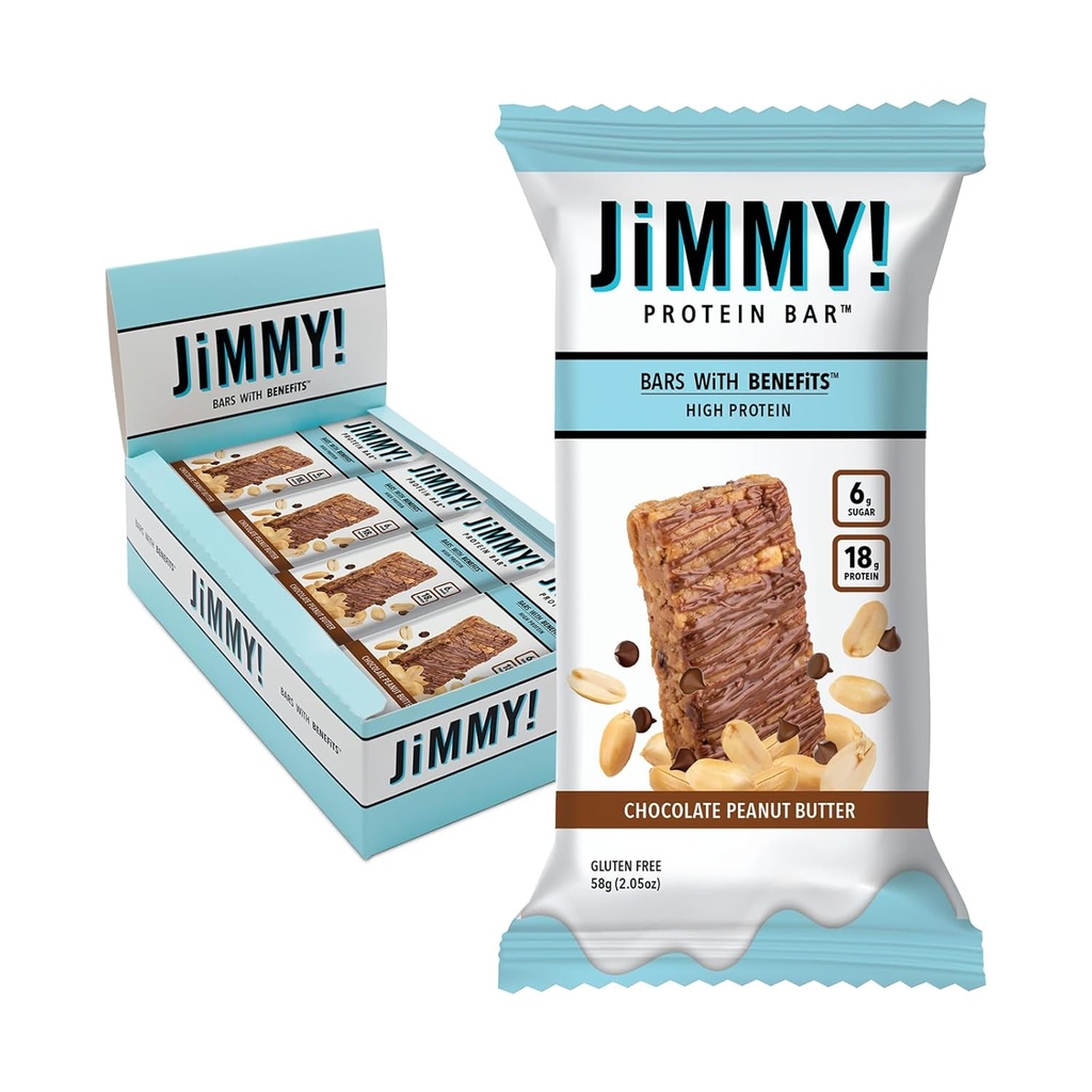 JiMMYBAR! Chocolate Peanut Butter Protein Bars 18g Protein Bar, 6g Low Sugar - 12 Count - 58g Health Bars - Functional Snack with Real Peanuts & Hand-Drizzled Chocolate