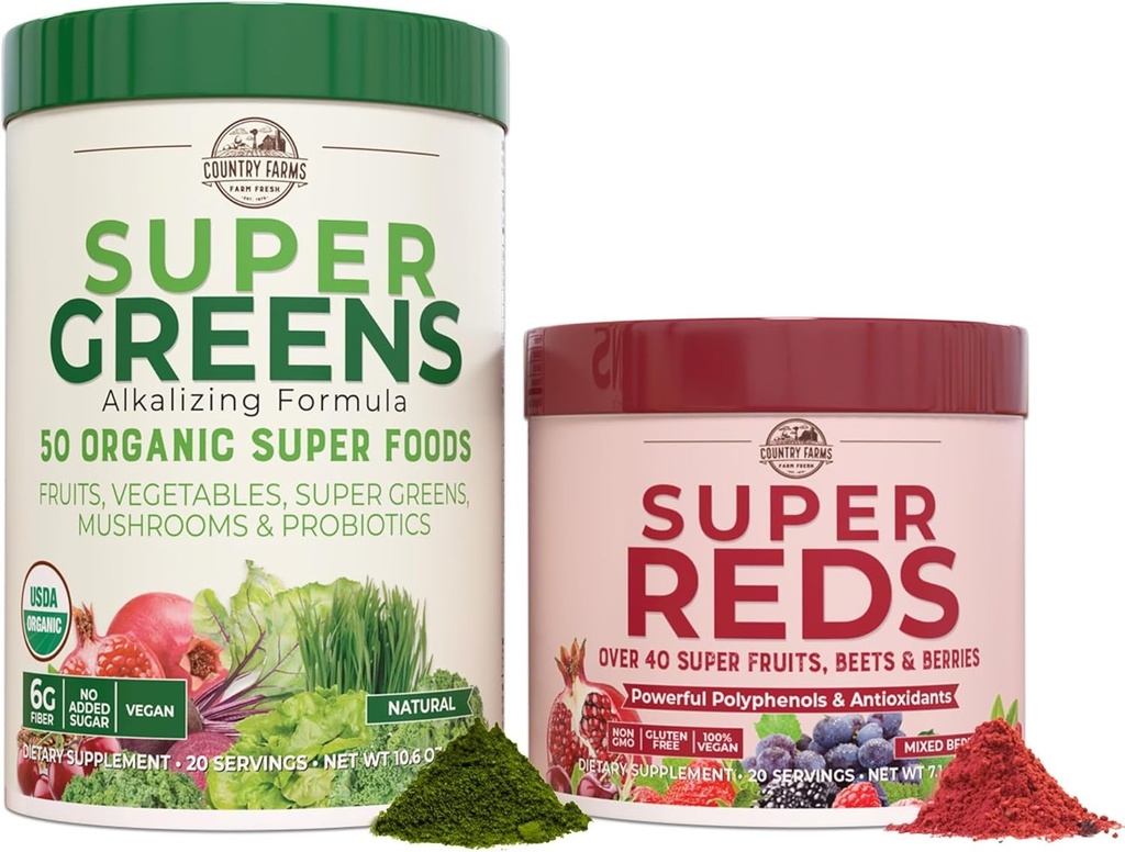Country Farms Pack Essential, Super Greens Powder si Super Reds, Packed with 50 Organic Super Foods and 40 Super Fruits, Natural Energy, Blooting Support, Unflavored & Berry Flavor, 17.7 oz, 2 Pack