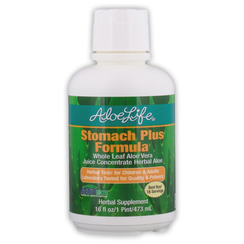 Aloe Life - Stomac Plus Formula, Fast-Action Tonic pentru copii, Adulți, & Seniori, Sprijină Digestie Sanatos & Ajuta la Soothe Gas, Blooting, & Greață, Aloe Vera Concentrat, Gluten-Free (16 oz)