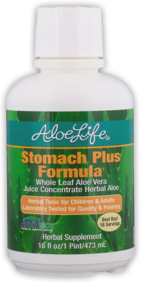 Aloe Life - Stomac Plus Formula, Fast-Action Tonic pentru copii, Adulți, & Seniori, Sprijină Digestie Sanatos & Ajuta la Soothe Gas, Blooting, & Greață, Aloe Vera Concentrat, Gluten-Free (16 oz)