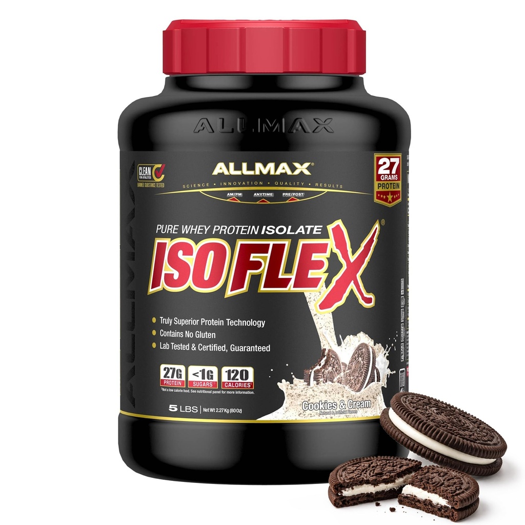 Allmax Nutrition - ISOFLEX Pulbere de proteine, Izolat de proteine Whey, Proteină 27g, Cookie-uri & Cream, 5 lire