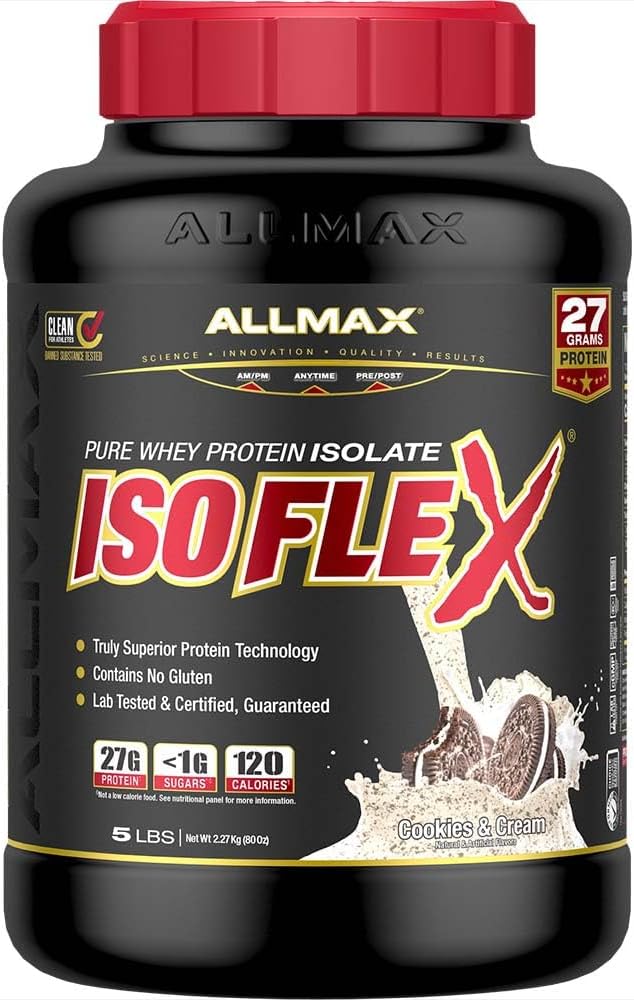 Allmax Nutrition - ISOFLEX Pulbere de proteine, Izolat de proteine Whey, Proteină 27g, Cookie-uri & Cream, 5 lire
