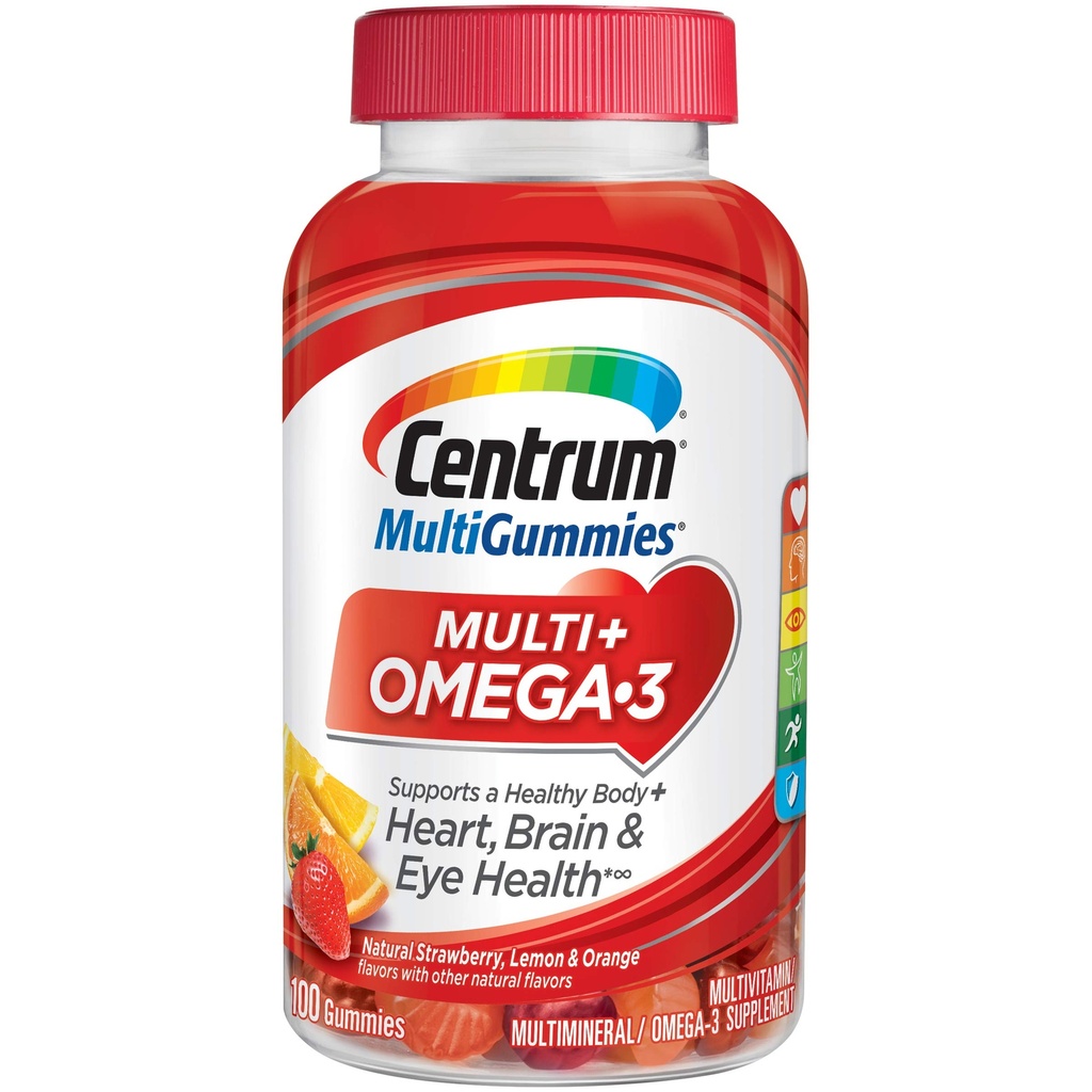 Centrum MultiGummies Omega 3 Gummy Multivitamine pentru adulți, Multivitamine/Multimineral Supplement, Strawberry/Lemon/Orange Flavors - 100 Conte
