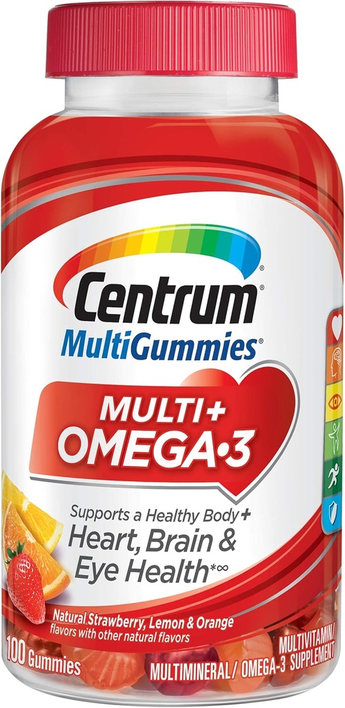 Centrum MultiGummies Omega 3 Gummy Multivitamine pentru adulți, Multivitamine/Multimineral Supplement, Strawberry/Lemon/Orange Flavors - 100 Conte