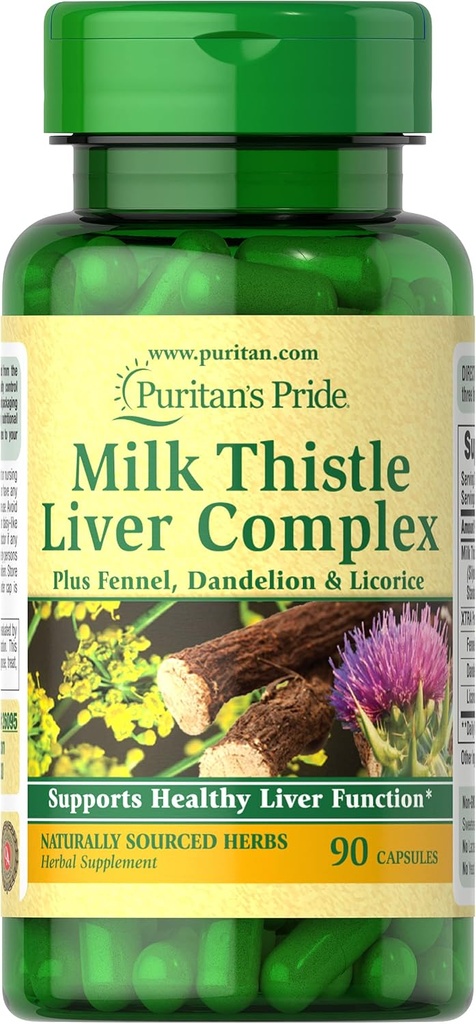 Puritan Pride Milk Thistle Complex de ficat, susține funcția hepatică sănătoasă, 90 Conte, alb
