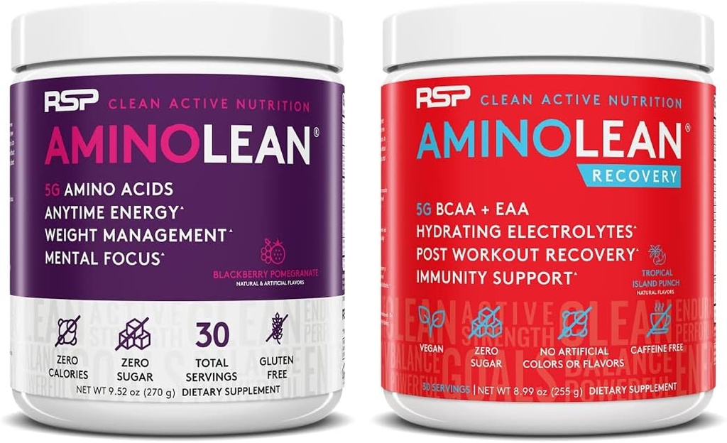 RSP NUTRITION AminoLean Pre Workout Energie (BlackBerry rodie 30 Serviri) cu AminoLean Recovery Post Workout Boost (Tropical Island Punch 30 Servings)