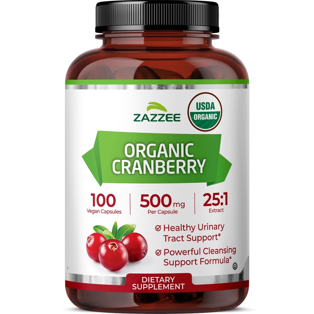 Zazzee USDA Organic Cranberry 25:1 Extract, 500 mg pe capsulă, 100 capsule Vegan, peste 3 luni de aprovizionare, Standardizat, concentrat 25X Extract, 100% vegetarian, Certified Organic, non-GMO All-Natural