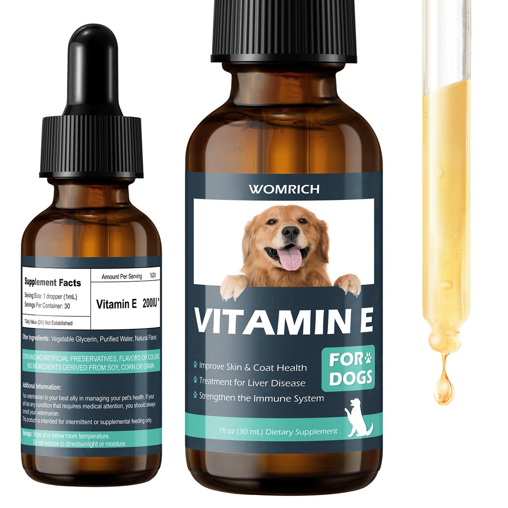 Vitamina E pentru câini - Vitamine de câine E - Vitamina E Dropper pentru câini, Îmbunătățirea sănătății pielii și a hainei, Tratamentul pentru boli hepatice, Consolidarea sistemului imunitar - Formula naturală pentru toate vârstele, și Rase - 30 ML