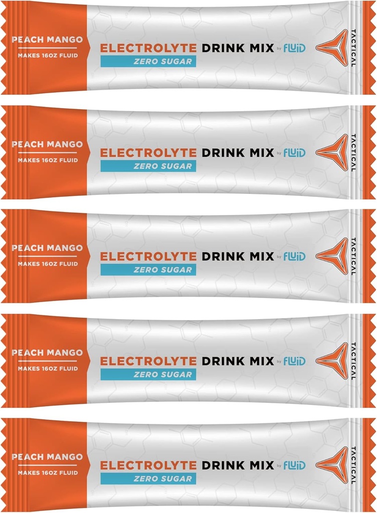 Fluid Tactical - Zero Zahăr, Keto Electrolit pulbere, Pachete de hidratare, Made in USA (Peach Mango, 25 Count)