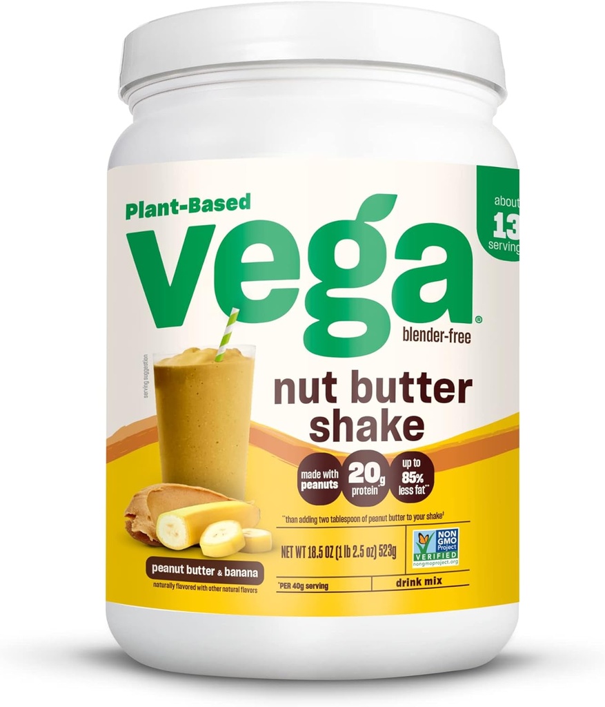 Unt Vega Nut Shake, Unt de arahide și Banana - praf de proteine Vegan, 20g proteine, ingrediente alimentare reale, fără adaos de zahăr, 1.39 lbs