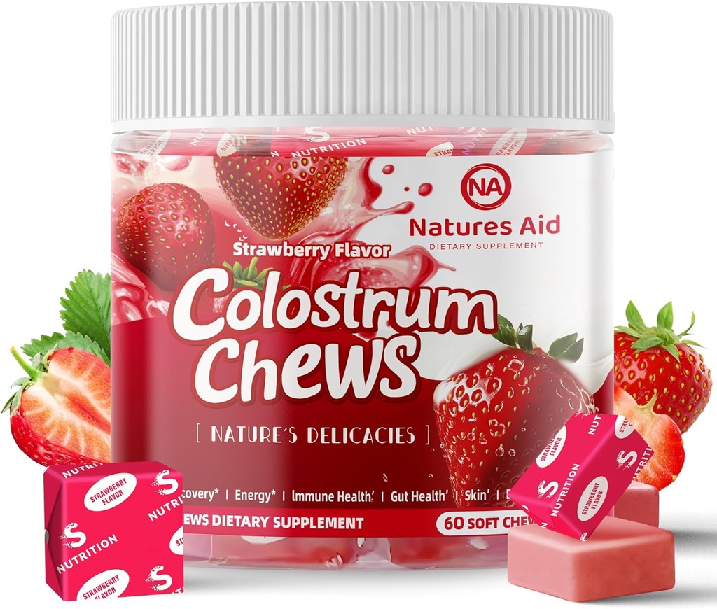 Colostrum Chews Supliment cu probiotice pentru sanatate, Blooting, Suport Imun, Piele, Cresterea parului si frumusete - Aroma de capsuni (60 Servings)