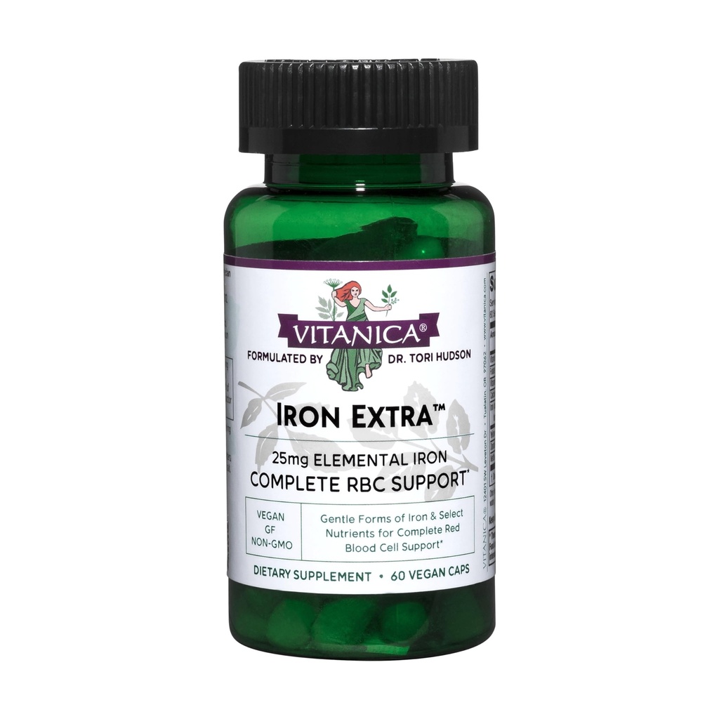 Vitanica Fier Extra, Supliment de fier Absorbţie îmbunătăţită cu vitamina C 500mg, Methylfolat 400mcg, B12 Vitamina 500mcg, Calciu, Dock Galben, Extract de rădăcini şi frunze de păpădie, Vegan, 60 capsule