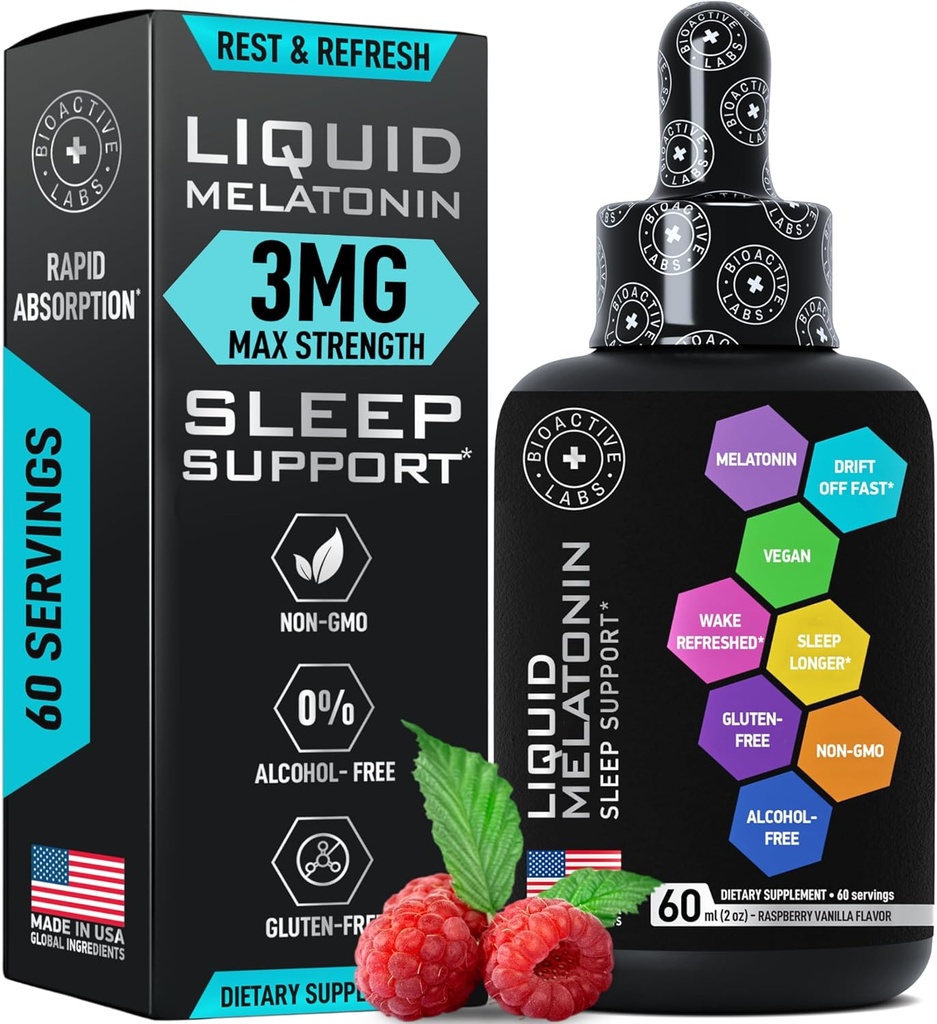 Melatonina lichid pentru adulţi şi copii - 3 mg Extra Putere Melatonina lichid sublingual pentru copii şi adulţi - somn rapid picături lipozomale - aroma de zmeura naturala de somn ajutor - 60ml