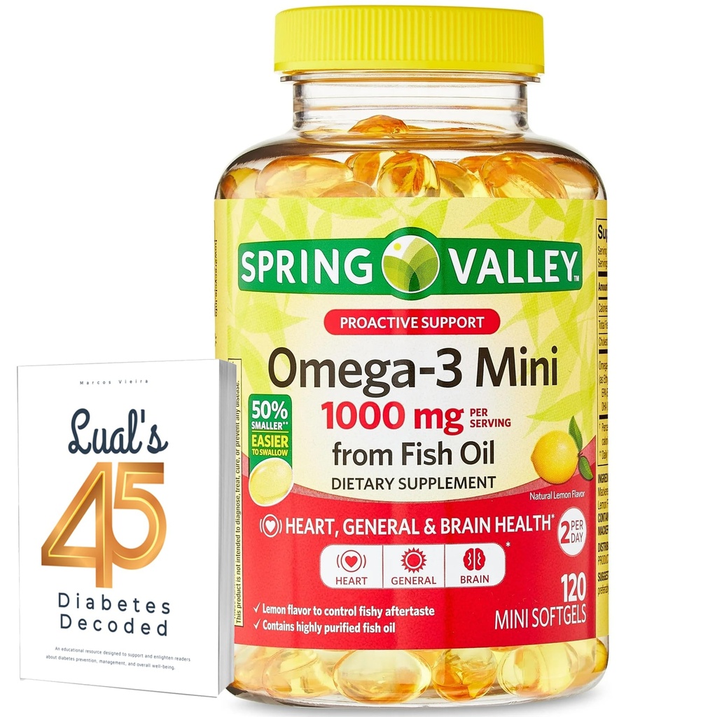 Spring Valley Omega-3 Mini de ulei de pește 1000 mg, 120 Conte, Supliment alimentar, Omega 3 Mini Softgels Bundle cu 45 Diabet zaharat Decodat
