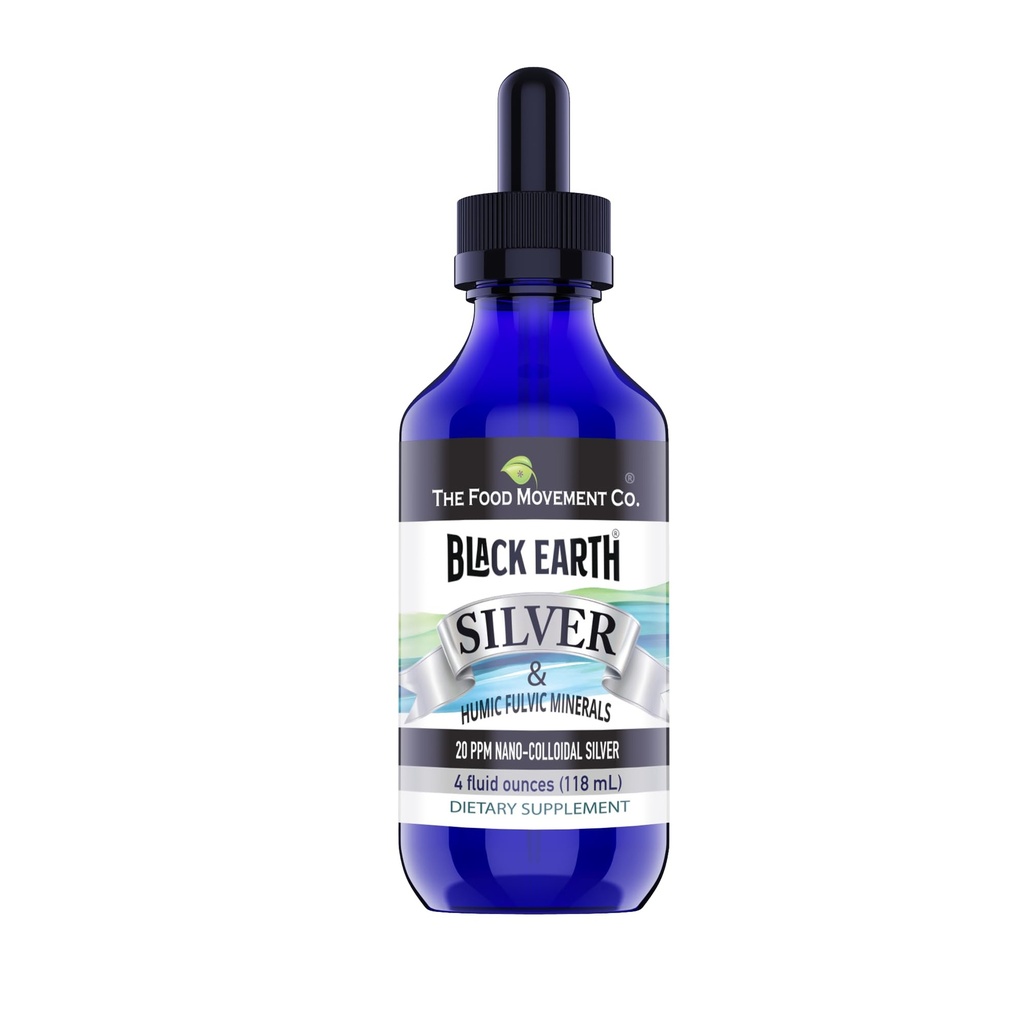 Mișcarea alimentară Co. Black Earth Silver 20ppm 4 oz Dropper - Vegan Calibru lichid de argint cu acid humidic și pelvian și Minerale Trace pentru digestia, Suport Imun și Sănătatea întregului organism