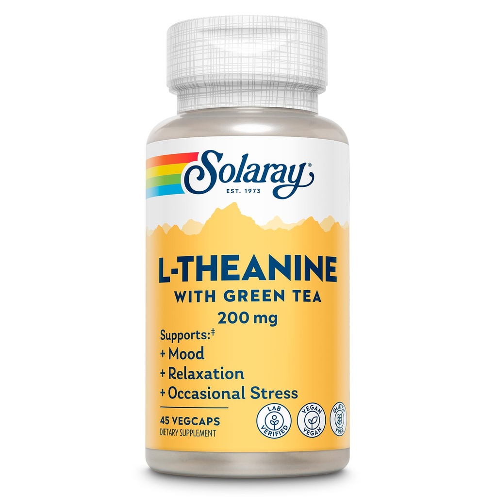 SOLARAY L-Theanine 200mg cu ceai verde - stare de spirit sanatoasa, relaxare si suport de stres ocazional - Lab verificat, Vegan, Gluten gratuit - 45 Servings, 45 VegCaps