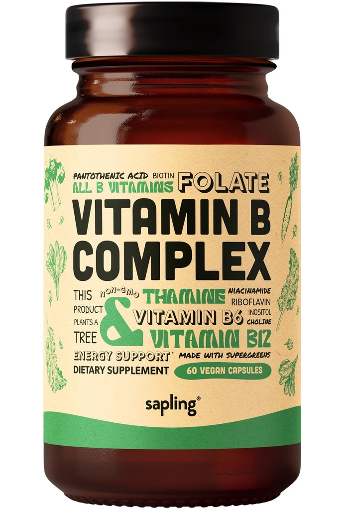 amestec alimentar întreg cu vitaminele B esenţiale B1, B2, B3, B5, B6, B7, Folate, B12-60 Capse