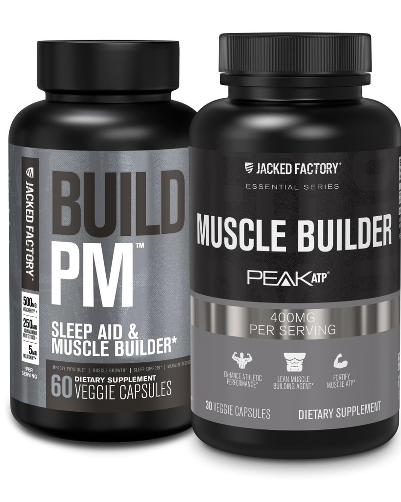 Fabrica Jacked Build PM timp de noapte Muscle Builder & Sleep Aid (60 capsule) & Essentials Muscle Builder - Zilnic Putere Constructor pentru bărbați cu vârf ATP (30 capsule)
