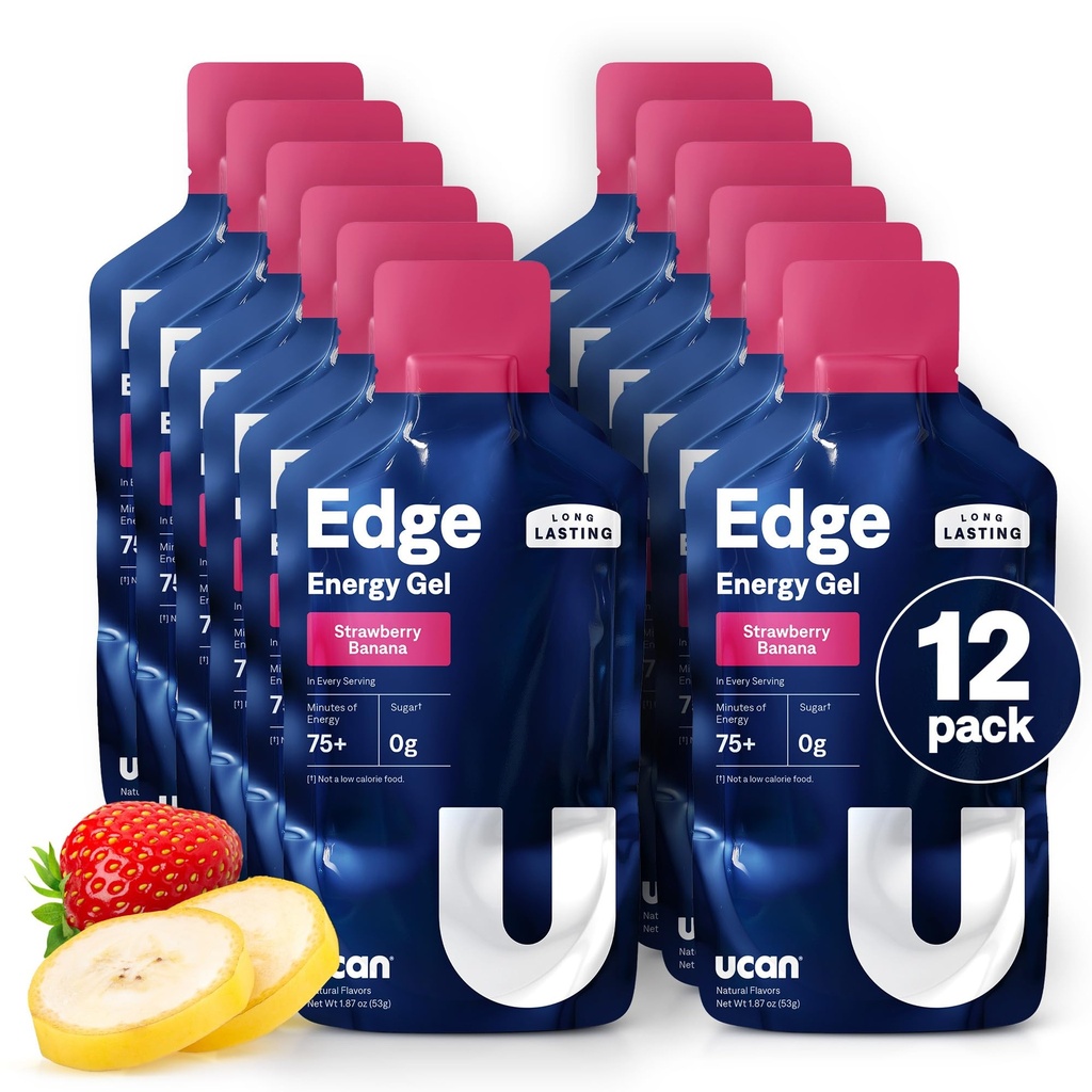 UCAN Edge Energy Gel Shots, Strawberry Banana (12, 2 Ounce Pachete) pentru rulare, formare, antrenamente, Fitness, Ciclism, Crossfit 