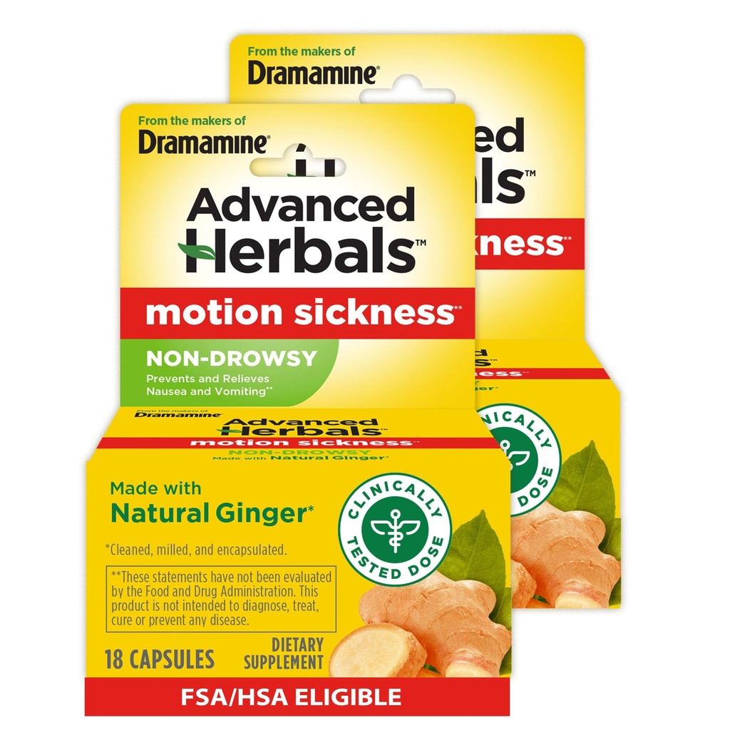 De la Makers of Dramamine, Herbals avansate, non-Drowsy, Motion Sickness Relief, Made with Natural Ginger, 18 Count, 2 Pack