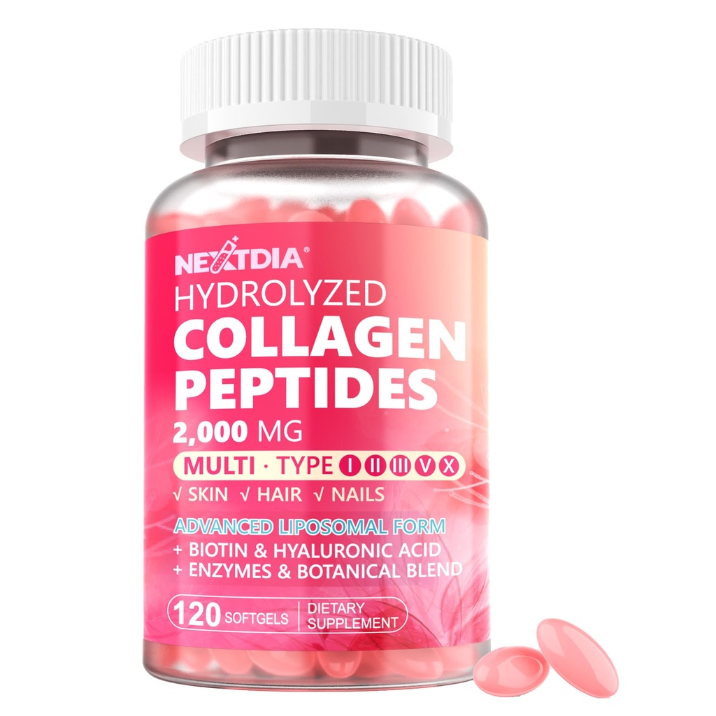 Hidrolized Colagen Peptides pastile pentru femei 2000mg Forma lipozomala de tip I, II, III, V, X pentru absorbtie optima, Multi Colagen Softgels, Colagen Suplimente cu par, Piele & Nails Vitamine 120 Cts