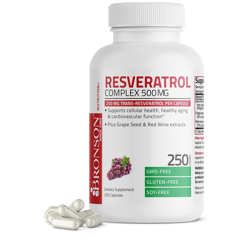 Bronson Resveratrol 500 Complex Standardizat Trans-Resveratrol + Seminte de struguri si extract de vin rosu, 250 capsule