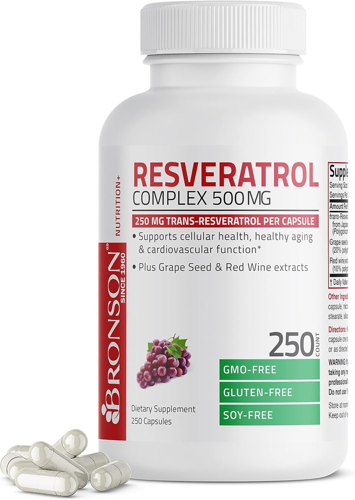 Bronson Resveratrol 500 Complex Standardizat Trans-Resveratrol + Seminte de struguri si extract de vin rosu, 250 capsule