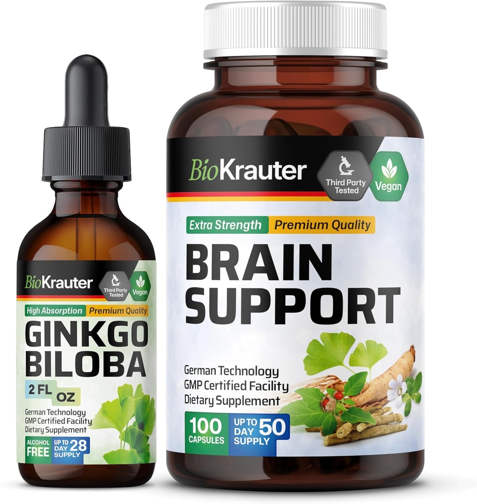 BIO KRAUTER Ginkgo Biloba Tincture 2 Fl. Oz. & Brain Support 100 capsule