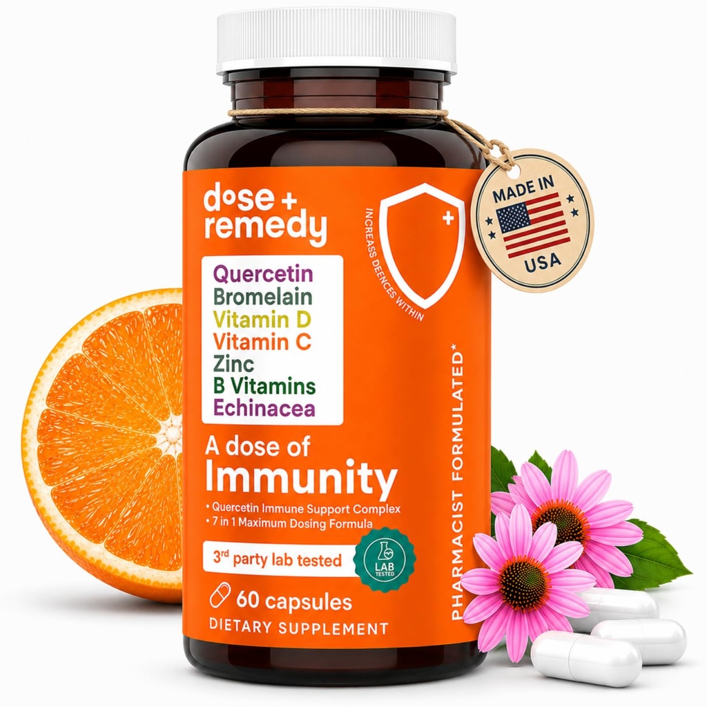 O doză de Quercetină de imunitate cu vitamina C şi zinc, vitamina D, 500 mg Querbetin Bromelain cu Echinacea & B Vitamine, Suplimentul 7 de sprijin imun pulmonar în 1 Booster de apărare a imunităţii (60 Conte)