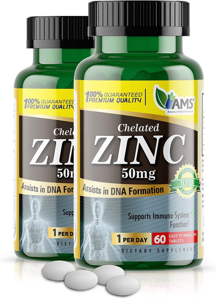 America Medic & Science Suplimente de zinc 50 mg Chelate (2 pachet de 60 comprimate) Booster imunitar și pastile antioxidante puternice pentru adulți Bărbați și femei 