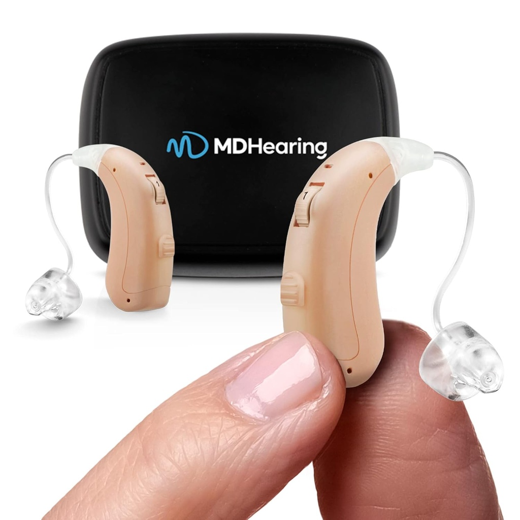 MDHearing VOLT OTC Audiere SIDA pentru Seniori, Medic-desemnat Reîncărcabil, 2 Microfoane Direcționale, 4 Setări audio, Fits cu ochelari, Încărcător Deluxe Inclus ...