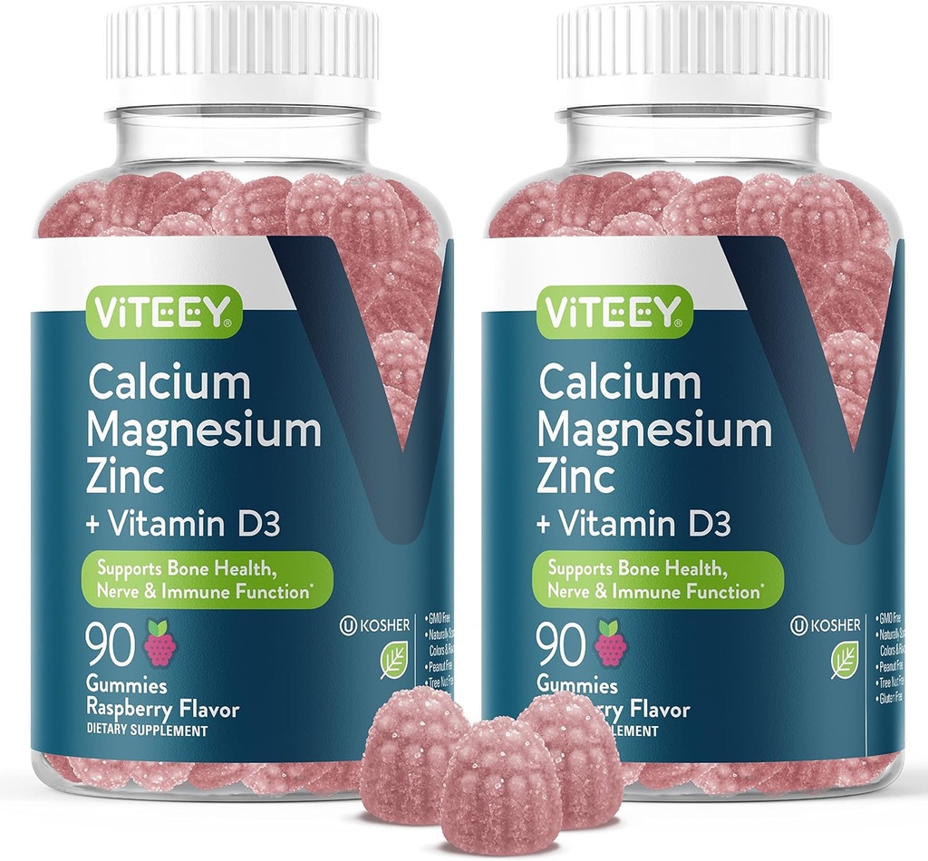 Gume de zinc de calciu Viteey de magneziu cu vitamina D3 - suporta sanatatea osoasa, nervi si functie imuna - zinc de calciu D3 pentru adulti si adolescenti - OMG-uri libere - Gummy aroma de zmeura