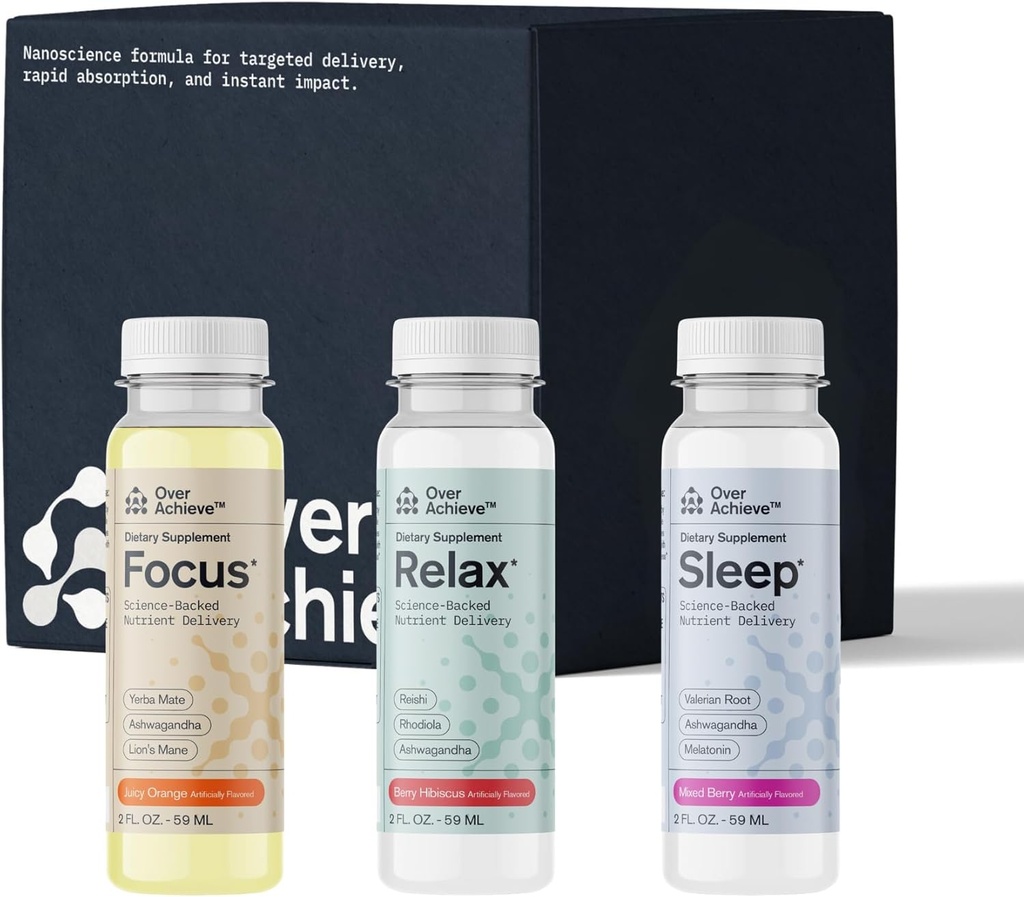 Supliment Variety Pack cu avansat Nanoscience Technology, 12 Pack, Stres Calmant Relaxeaza-te Bea, Sleep Aid Drink, Nootrop Brain Supplement Focus Drink, 2 oz Shot