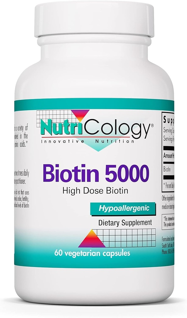 Nutricologie Biotin 5000 Supliment - 5000mcg Biotină, Vitamine pentru păr, piele și unghii, doză mare, Capsule vegetariene, Hipoalergice, Gluten Free - 60 Conte