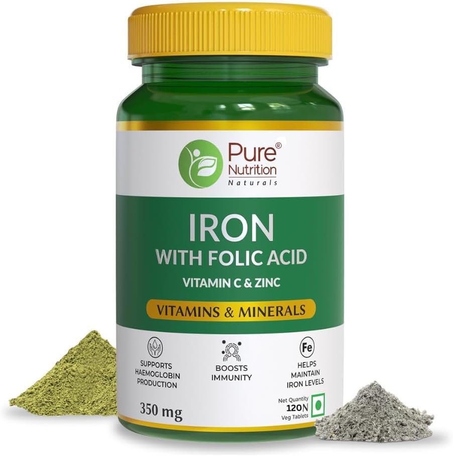 Suplimentul de acid folic de fier - 120 comprimate de legume cu zinc, vitamina C & vitamina B12 pentru bărbați și femei 