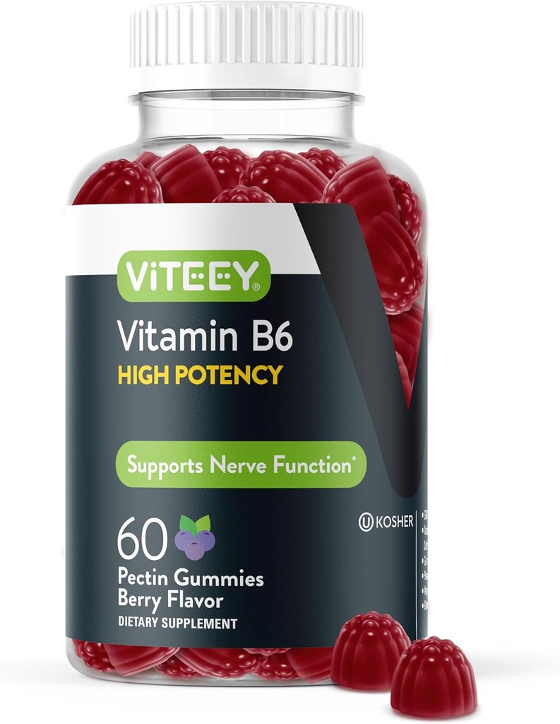 Viteey Vitamina B6 Gummies - Energie, Nervi & Mood Support - B6 Vitamine 100mg - Vegan, Gluten gratuit, OMG gratuit - 60 Conte
