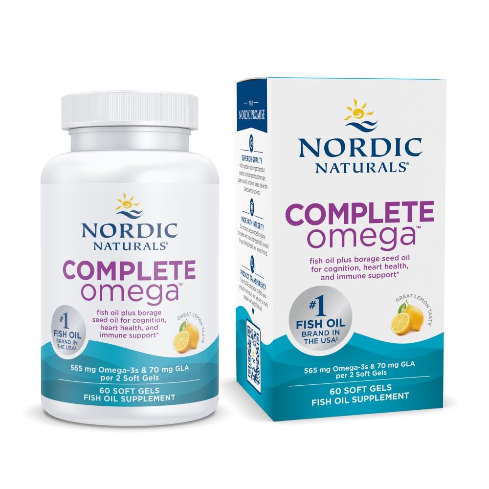 Nordic Naturals Complete Omega, Lemon Flavor - 60 Soft Gels - 565 mg Omega-3 - EPA & DHA cu Adăugat GLA - Piele Sanatos, Cognition, Mood pozitiv - Non-GMO - 30 Servings